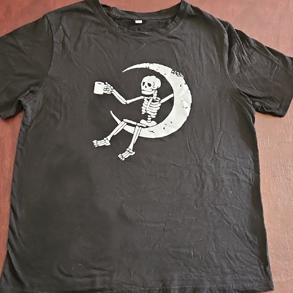 None Tops - Black Cotton Graphic Tee with Skeleton With Coffee Design